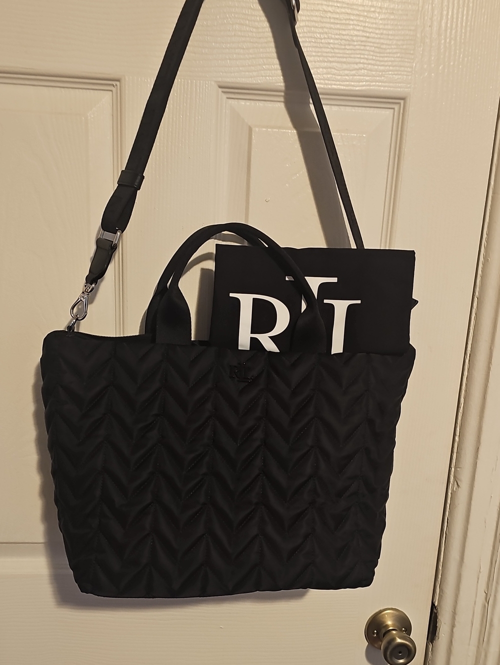 Ralph Lauren/Lauren Stevie Tote. Black Quilted Tote Bag with Detachable Strap